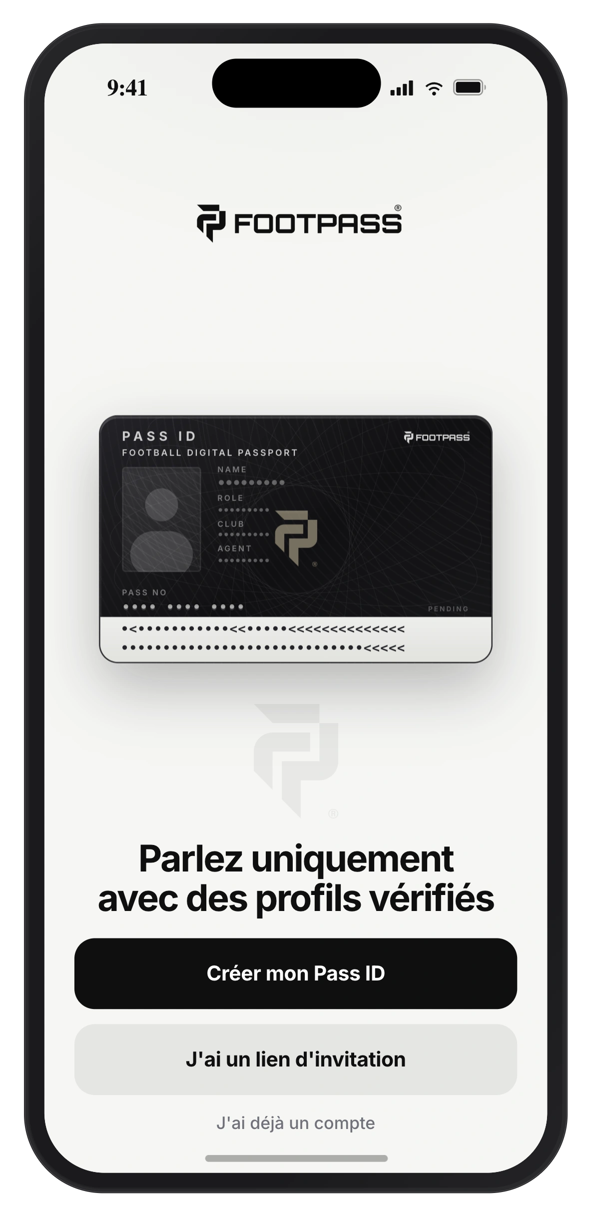 La entrada a FOOTPASS. La tarjeta Pass ID y la opción de crear un Pass ID o usar una invitación
