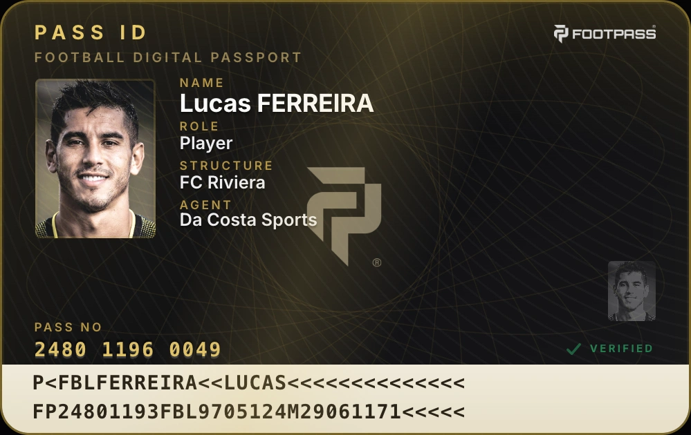 La carte Pass ID FOOTPASS de Lucas Ferreira. Passeport numerique verifie, avec photo, role, structure, agent et statut certifie.